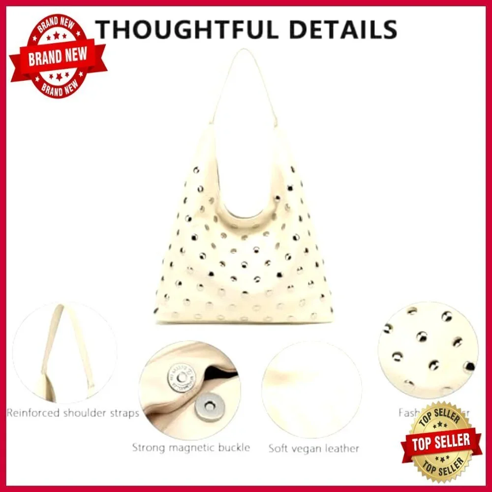 Vegan Leather Studded Hobo Tote Bag, Slouchy Shoulder Purse